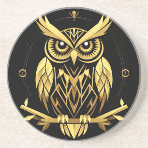 Golden Geometric Owl Illustration Coaster