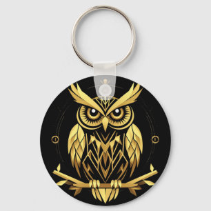 Golden Geometric Owl Illustration Key Ring