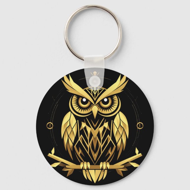 Golden Geometric Owl Illustration Key Ring (Front)
