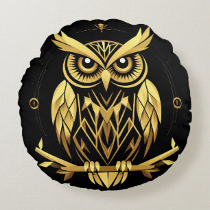 Golden Geometric Owl Illustration Round Cushion