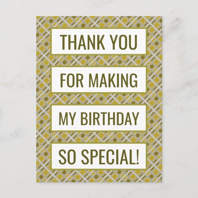 Golden Geometric Pattern, Birthday Thank You Postcard (Front)