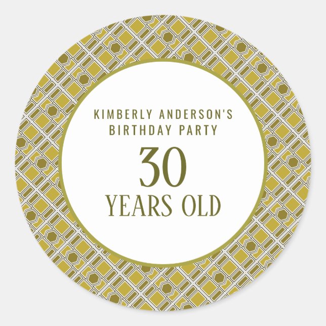 Golden Geometric Pattern, Modern Birthday Party Classic Round Sticker (Front)