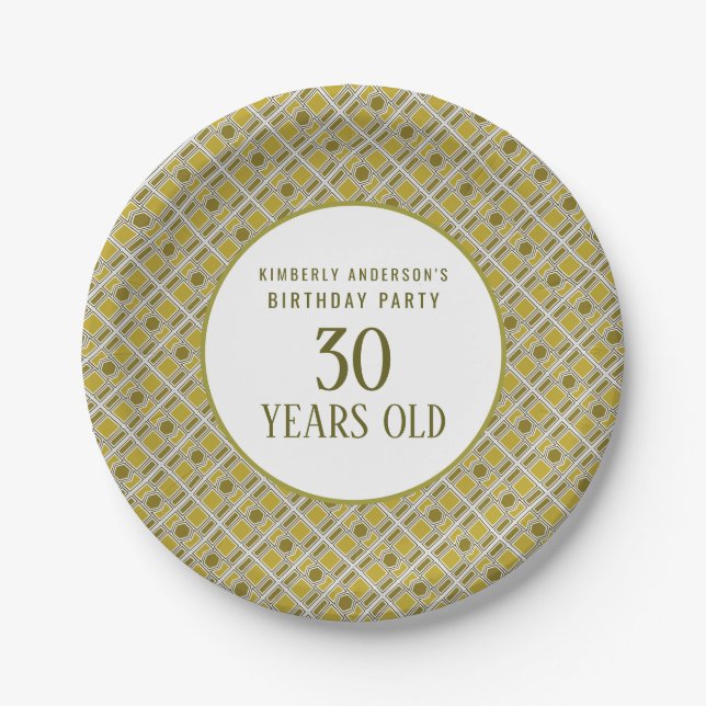 Golden Geometric Pattern, Modern Birthday Party Paper Plate (Front)