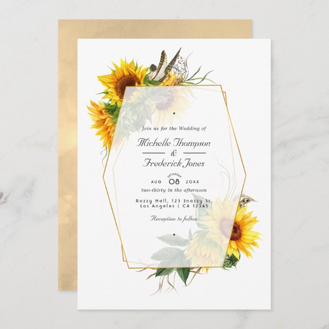 Golden Geometric Sunflowers QR Code RSVP Wedding Invitation (Front/Back)