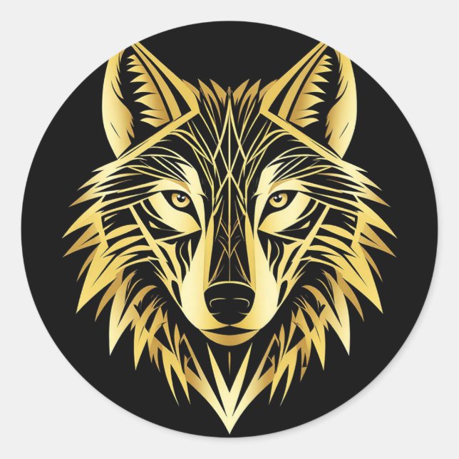 Golden Geometric Wolf Illustration Classic Round Sticker (Front)