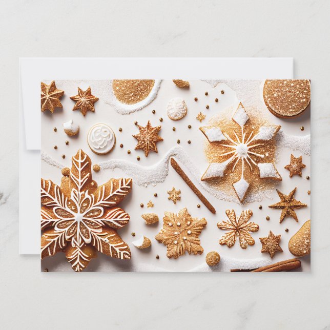 Golden Gingerbread and Cinnamon Snowflakes Holiday Card (Front)
