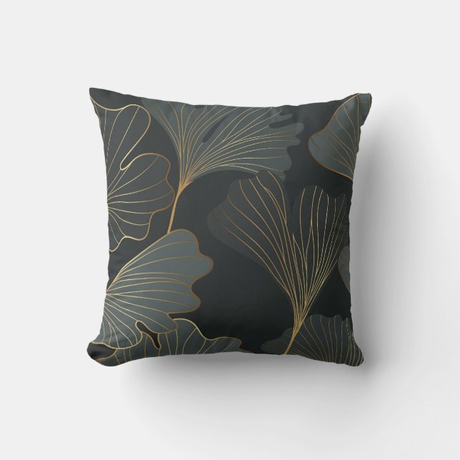 Golden Ginkgo: Luxurious Floral Deco. Cushion (Front)