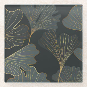 Golden Ginkgo: Luxurious Floral Deco. Glass Coaster