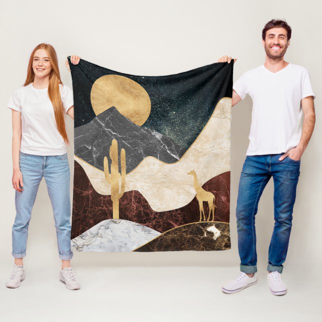 Golden Giraffe Desert Landscape & Marble Mountain Fleece Blanket (In Situ)