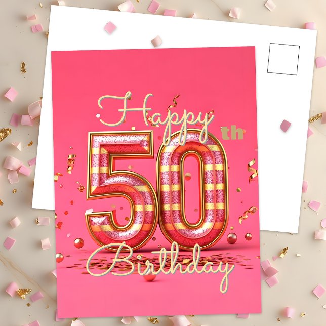 Golden Glamour 50th Birthday Celebration in Pink Postcard (Creator Uploaded)