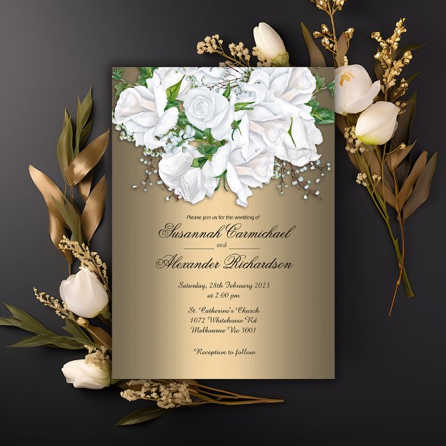 Golden Glamour and White Bridal Bouquet Wedding Invitation (Creator Uploaded)