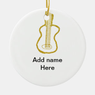 Golden glitter acoustic guitar add name doodle ceramic tree decoration