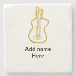 Golden glitter acoustic guitar add name doodle  stone coaster