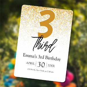 golden glitter baby Girl 3rd birthday invitations