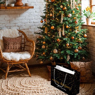 Golden Glitter Black Merry Christmas Polka Dots Large Gift Bag