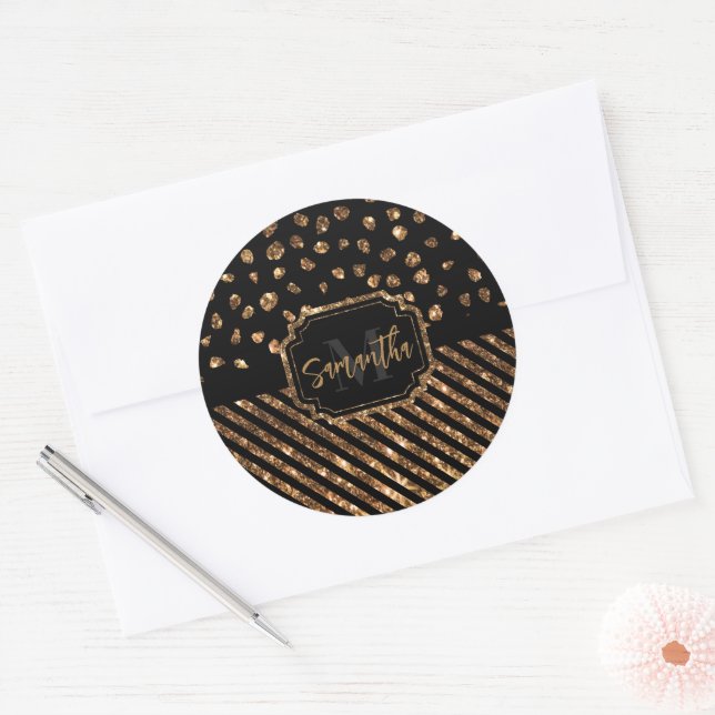 Golden Glitter Dots and Stripes Classic Round Sticker (Envelope)