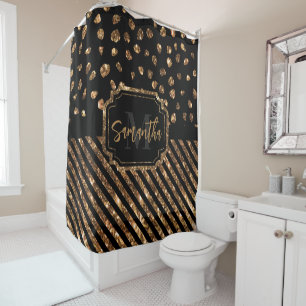 Golden Glitter Dots and Stripes Shower Curtain