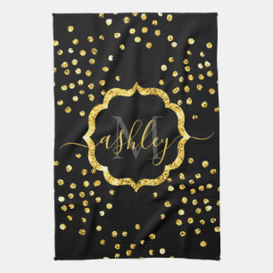 Golden Glitter Dots Monogram Tea Towel