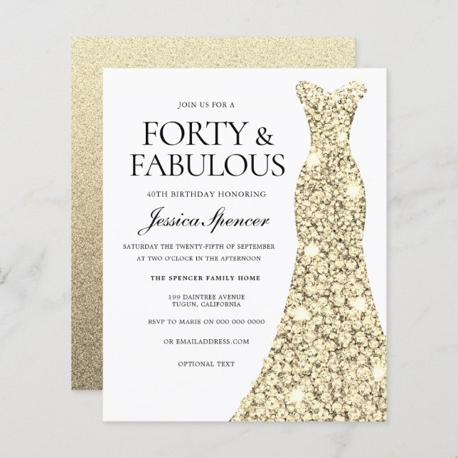 Golden Glitter Dress 40th Birthday Budget Invite (Front/Back)