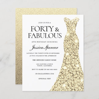 Golden Glitter Dress 40th Birthday Budget Invite