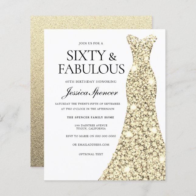 Golden Glitter Dress 60th Birthday Budget Invite (Front/Back)