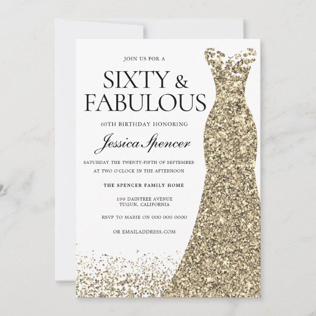 Golden Glitter Dress Womans 60th Birthday Party Invitation (Front)