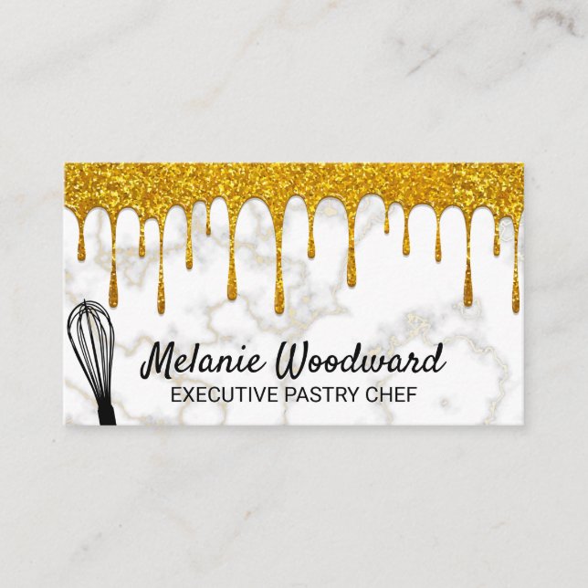 Golden Glitter Drip | Gold Marble and Whisk Business Card (Front)