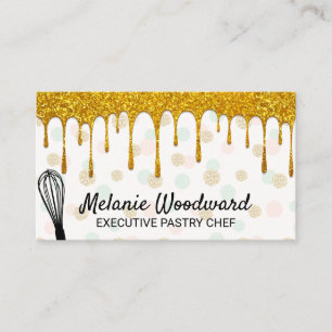Golden Glitter Drip   Polka Dot Pattern and Whisk Business Card