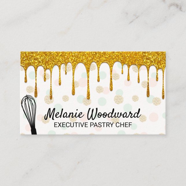 Golden Glitter Drip | Polka Dot Pattern and Whisk Business Card (Front)
