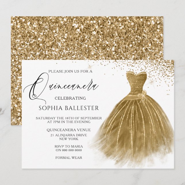 Golden Glitter Gold Gown Dress Quinceanera Invitation (Front/Back)