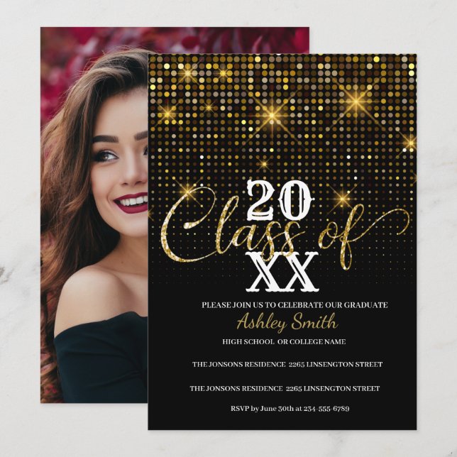 golden  glitter graduation invitation (Front/Back)