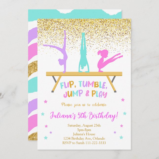 Golden Glitter Gymnastic Kids Birthday Invitation (Front/Back)
