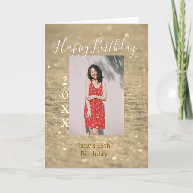 Golden glitter happy 15th birthday photo name year card (Front)