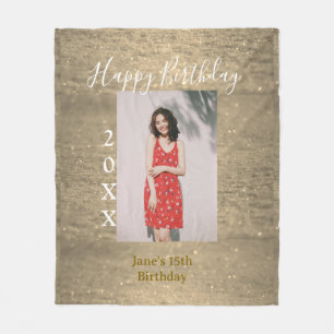 Golden glitter happy 15th birthday photo name year fleece blanket