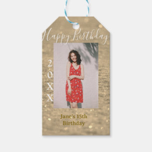 Golden glitter happy 15th birthday photo name year gift tags