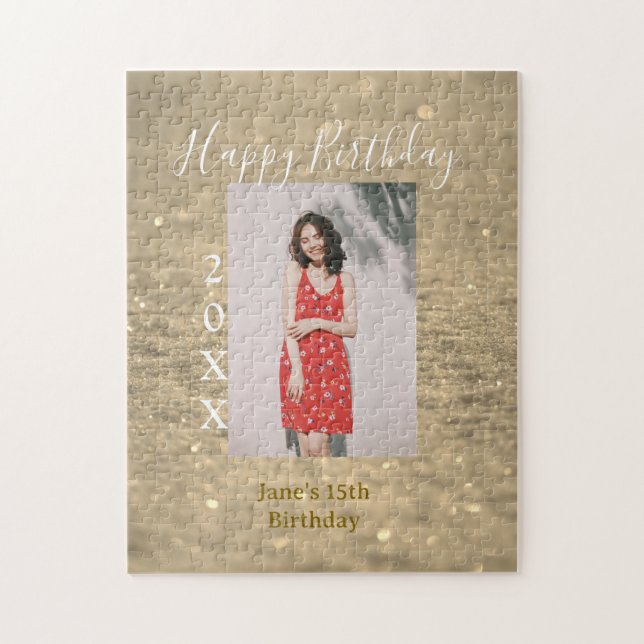 Golden glitter happy 15th birthday photo name year jigsaw puzzle (Vertical)