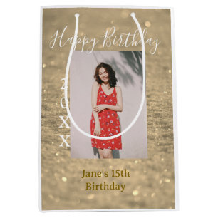 Golden glitter happy 15th birthday photo name year medium gift bag