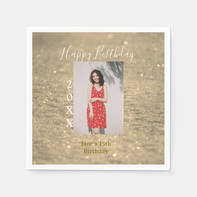 Golden glitter happy 15th birthday photo name year napkin (Front)