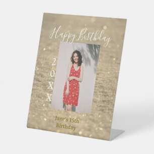 Golden glitter happy 15th birthday photo name year pedestal sign