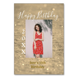Golden glitter happy 15th birthday photo name year table number