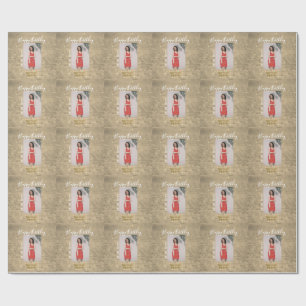 Golden glitter happy 15th birthday photo name year wrapping paper