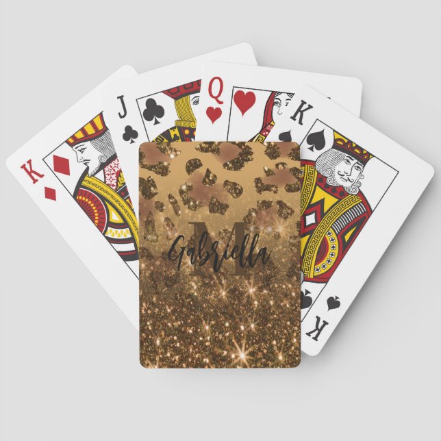 Golden Glitter Leopard Print Playing Cards (Back)