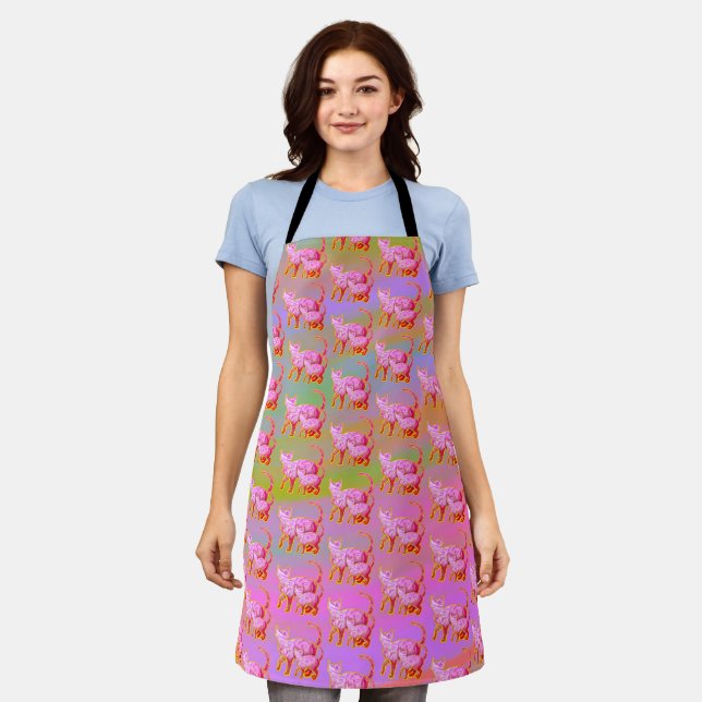 Golden Glitter lined Pink Cat Abstract Apron (Worn)