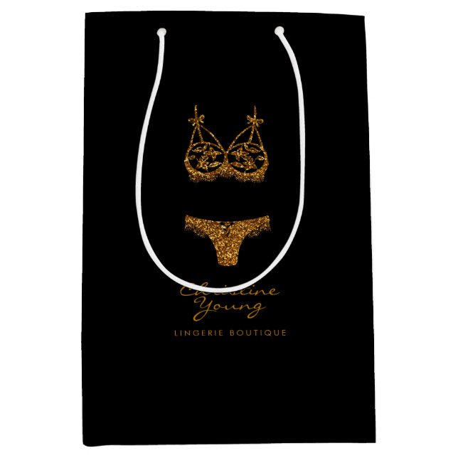 Golden Glitter Lingerie Boutique Logo Business Medium Gift Bag (Front)