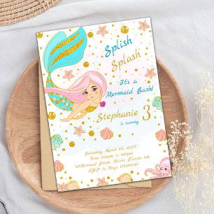 Golden Glitter Mermaid Birthday Invitations