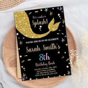 Golden Glitter Mermaid Tail Birthday Invitations