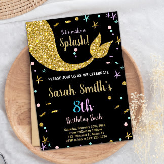 Golden Glitter Mermaid Tail Birthday Invitations