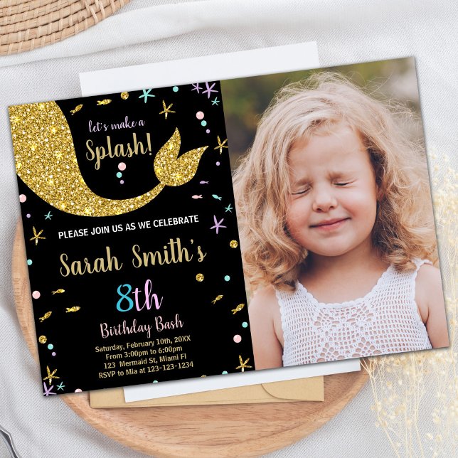 Golden Glitter Mermaid Tail Birthday with photo Invitation (Golden Glitter Mermaid Tail Birthday with photo Invitation)