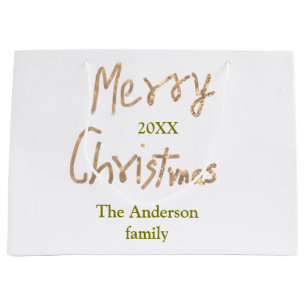 Golden glitter merry christmas add family name yea large gift bag