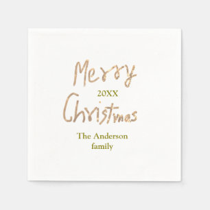 Golden glitter merry christmas add family name yea napkin